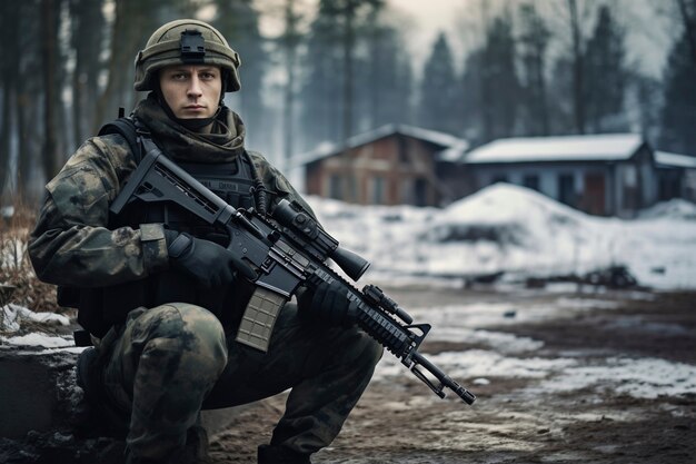 Soldado de vista frontal con equipo de camuflaje