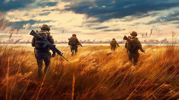 Soldados de IA generativa caminando por un campo de trigo hacia una ciudad
