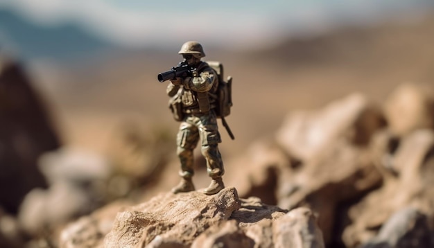 Foto gratuita soldados de juguete apuntan con rifles en un campo de batalla de plástico generado por ia