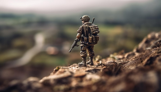 Soldados de juguete apuntando rifles en el campo de batalla al aire libre generado por IA