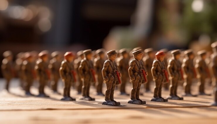 Foto gratuito soldados de juguete en fila listos para la batalla generados por ia