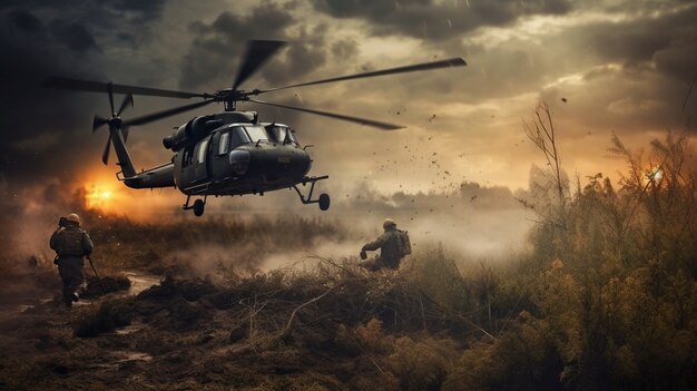 Soldados de tiro completo luchando con helicóptero.