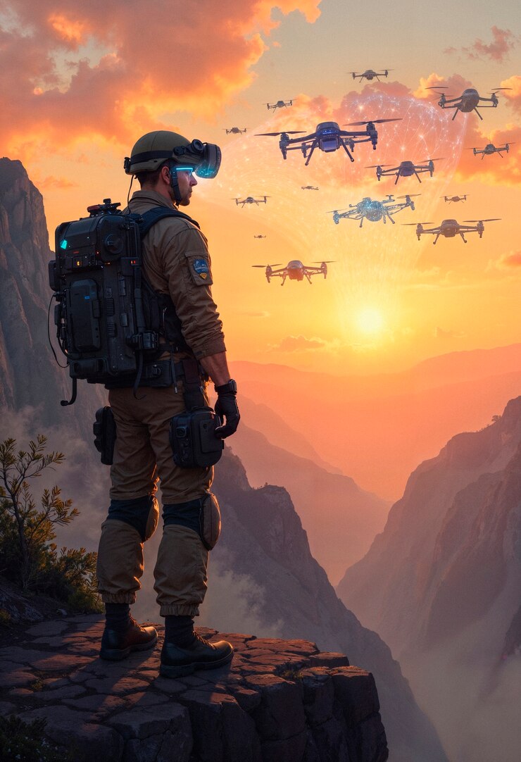 Foto gratuito soldier in futuristic gear watching drones at sunset