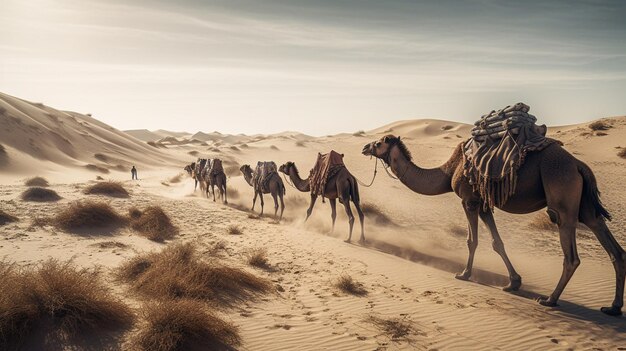 Una solitaria caravana de camellos atravesando un desolado paisaje desértico