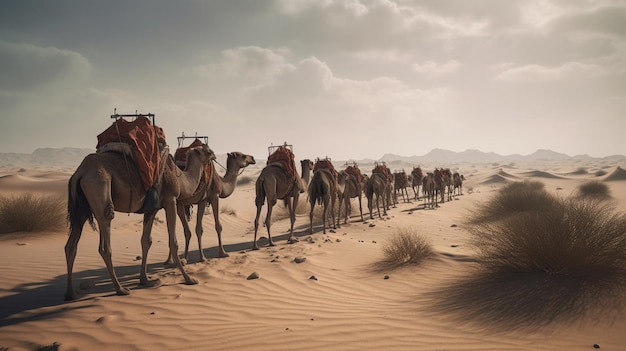 Foto gratuita una solitaria caravana de camellos atravesando un desolado paisaje desértico