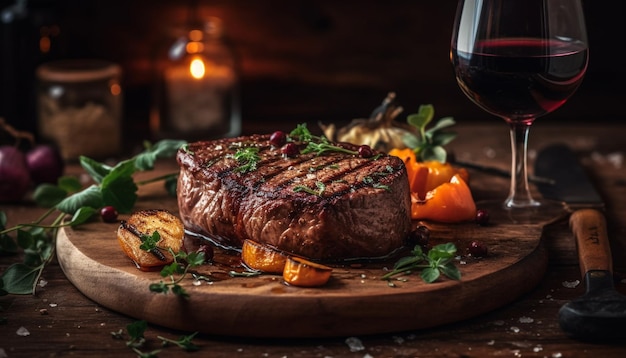 Solomillo a la parrilla en una mesa de madera rústica generada por IA