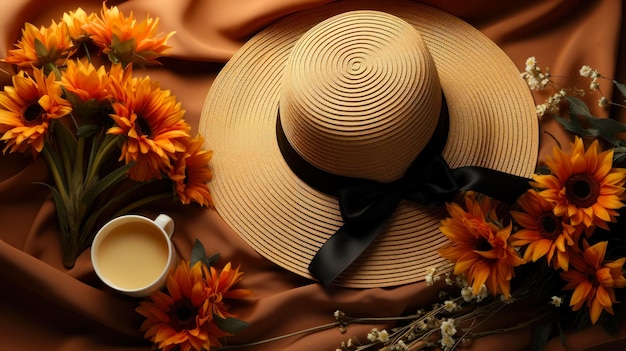 Foto gratuita sombrero de paja en una taza de manta de coral de té y flores cercanas planas ideas de diseño de picnic