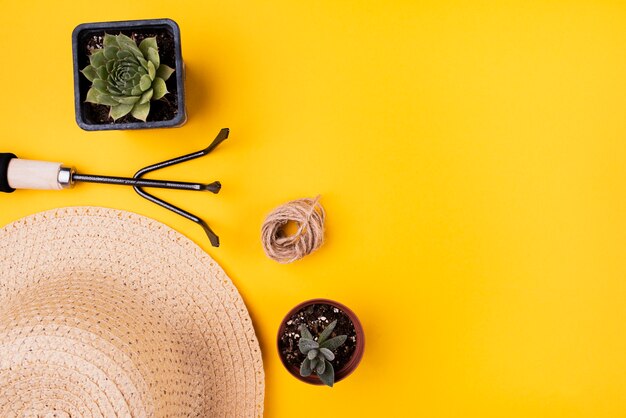 Sombrero con tenedor de jardinería y espacio de copia