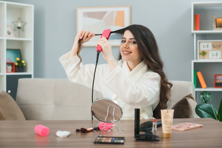 Foto gratuito sonriendo alisar el cabello con plancha joven niña sentada a la mesa con herramientas de maquillaje en la sala de estar