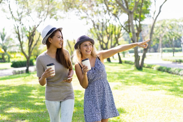 Sonriendo bastante jóvenes amigas caminando en el parque de verano