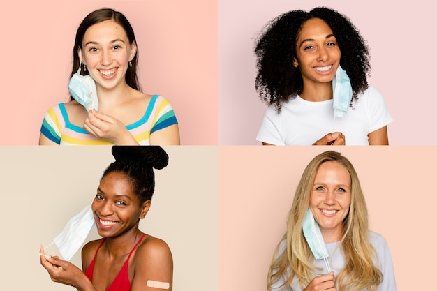 Sonriendo a diversas mujeres quitándose la mascarilla en la nueva normalidad