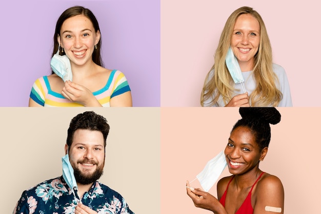 Foto gratuita sonriendo a diversas personas quitándose la mascarilla en la nueva normalidad