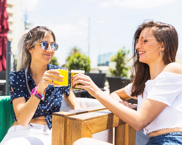 Foto gratuita sonriendo novias en gafas de sol relajantes juntos