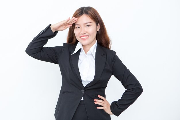 Sonriente, asiático, empresa / negocio, mujer, saludando