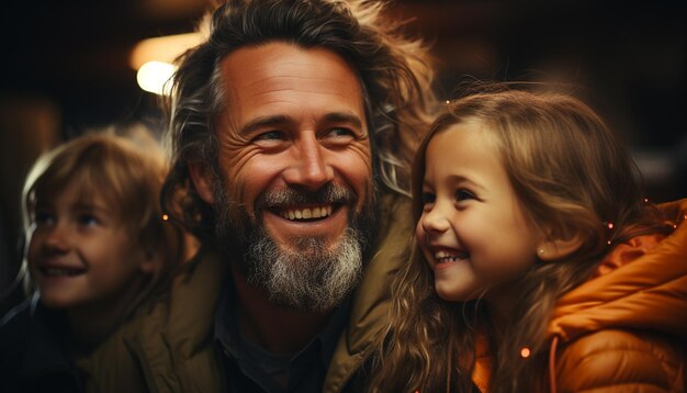 Sonriente familia felicidad amor vínculo disfrutando de la naturaleza mirando a la cámara generada por inteligencia artificial