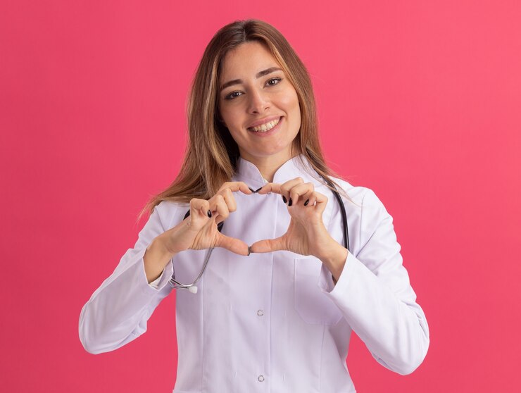 Foto gratuito sonriente joven doctora vistiendo bata médica con estetoscopio que muestra el gesto del corazón aislado en la pared rosa