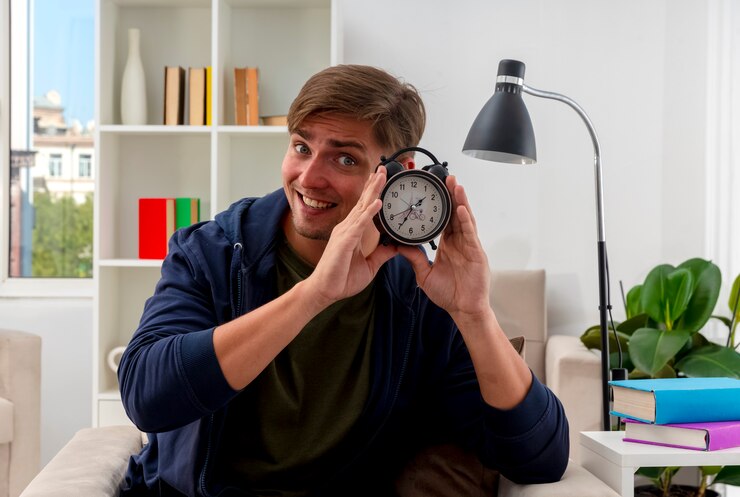 Foto gratuito sonriente joven guapo rubio se sienta en un sillón sosteniendo el despertador dentro de la sala de estar