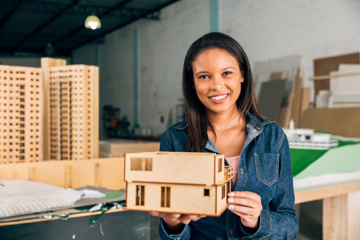 Foto gratuito sonriente mujer afroamericana con modelo de casa