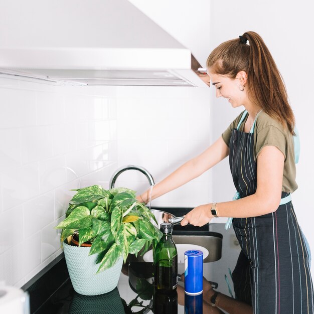 Sonriente mujer limpieza utensilio en la cocina