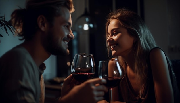 Sonriente pareja joven disfrutando del vino en el bar generado por IA