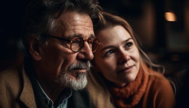 Sonriente pareja madura abrazándose mirando la cámara generada por IA