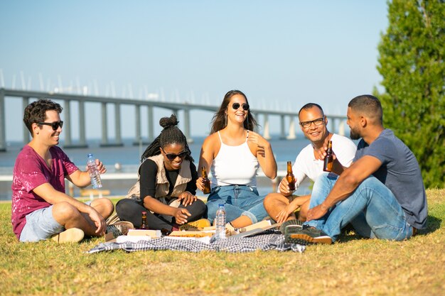 Sonrientes jóvenes haciendo picnic en el parque. Sonrientes amigos sentados sobre una manta y bebiendo cerveza. Ocio