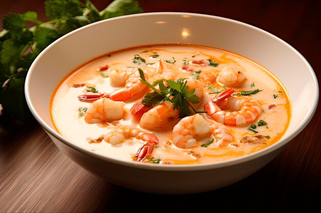 Sopa de camarones sobre mesa de madera