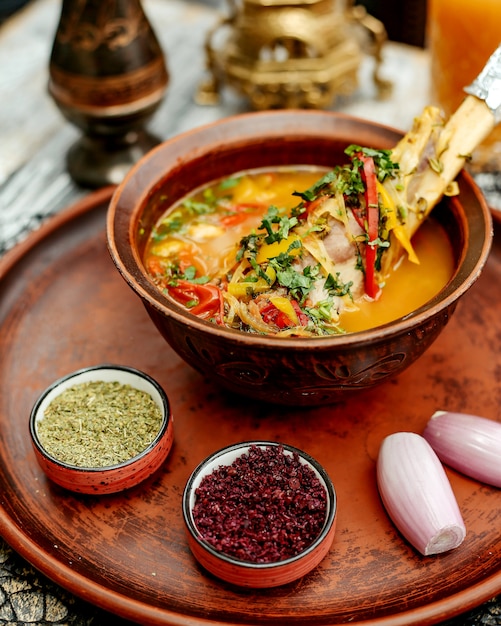 Sopa de carne con vegetales servidos con cebolla, arándano y hierbas