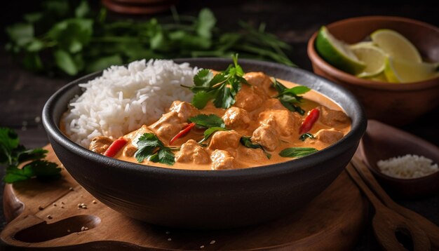 Sopa casera de marisco de Asia oriental con cerdo al vapor y verduras generada por IA