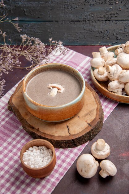 Sopa de champiñones vista frontal con champiñones frescos en el espacio oscuro