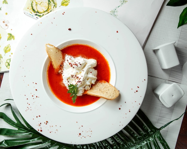 Sopa con crema agria y galletas saladas