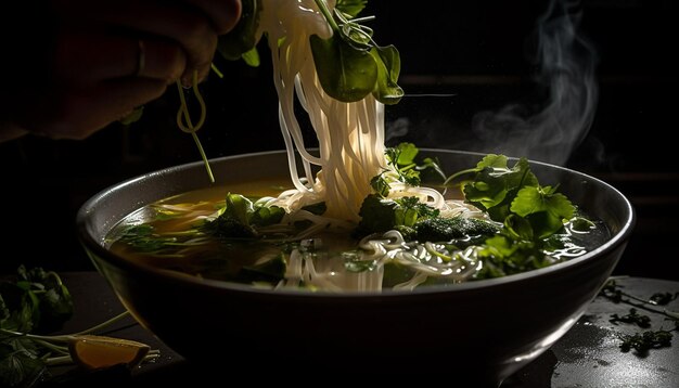 Sopa de fideos con carne de cerdo y verduras generada por IA