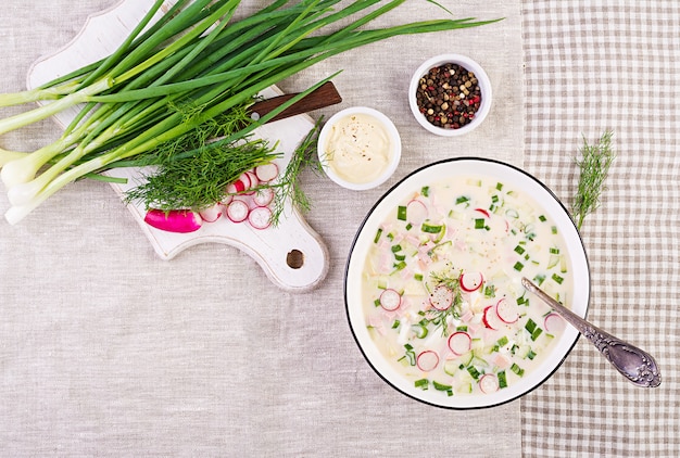 Foto gratuita sopa fría con pepinos frescos, rábanos, papas y salchichas con yogur en un tazón