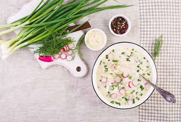 Sopa fría con pepinos frescos, rábanos, papas y salchichas con yogur en un tazón