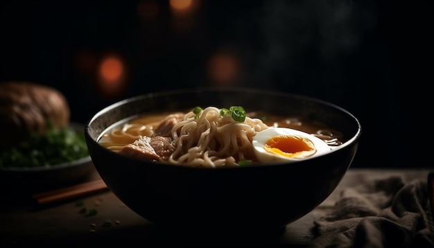 Foto gratuita sopa gourmet de fideos con cerdo fresca y saludable generada por ia