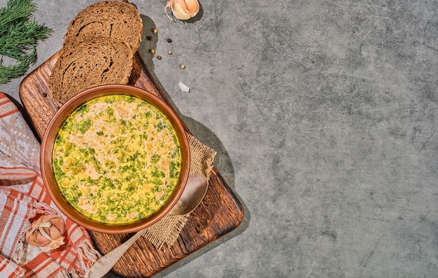 Sopa de pollo caliente con verduras y champiñones, vista superior. Sopa con crema agria y eneldo. Servido con pan negro y ajo. Un almuerzo de otoño saludable. Copie el espacio para el menú