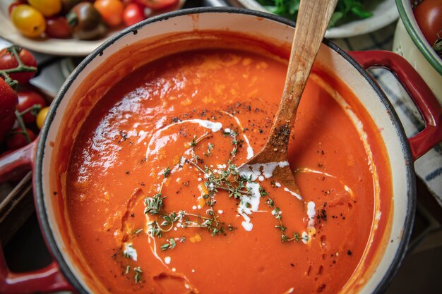Sopa de tomate casera en una cocina