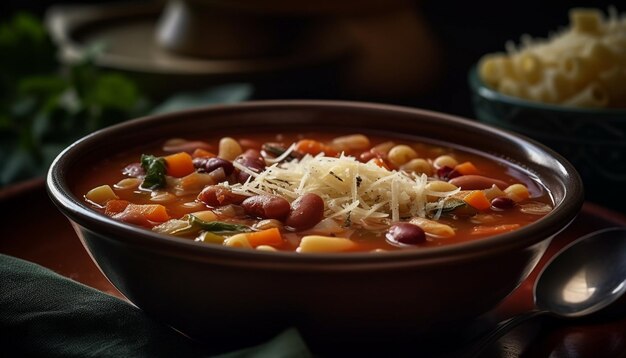 Sopa de verduras frescas en un tazón de vajilla rústica generada por IA