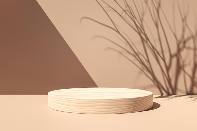 Soporte de exhibición de producto de pedestal de cilindro de madera o podio para el cuidado de la piel de la naturaleza cosmética en la representación 3D de fondo beige