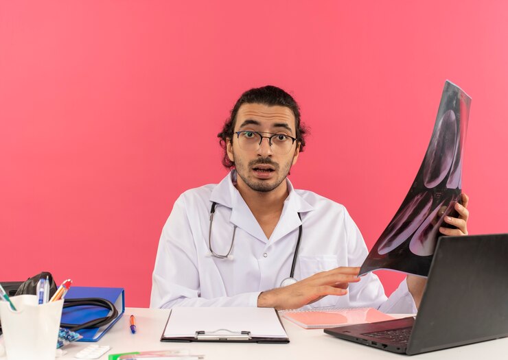 Foto gratuito sorprendido joven médico con gafas médicas vistiendo bata médica con estetoscopio
