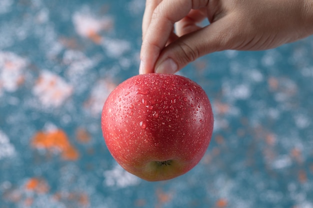 Sosteniendo una manzana roja de su tallo