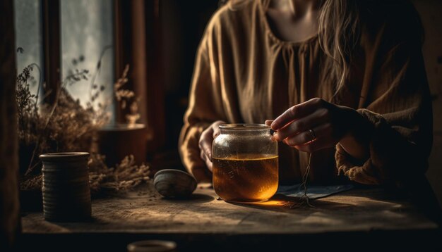 Sosteniendo un vaso de whisky antiguo en el interior generado por IA