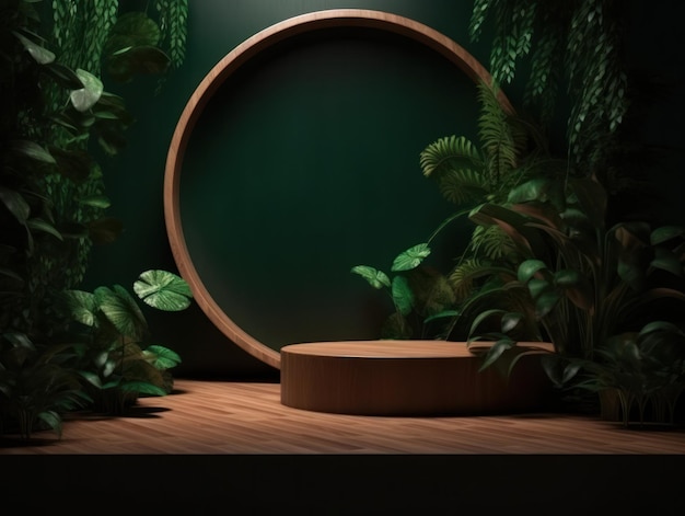 Foto gratuita stand de publicidad de productos cosméticos exposición podio de madera sobre fondo verde con hojas y sha