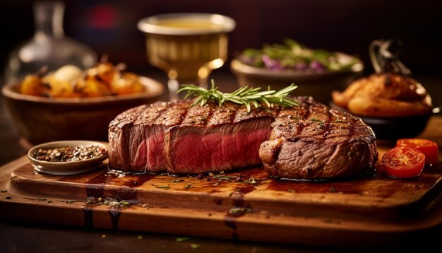 Foto gratuita steak a la parrilla jugoso cocinado raro listo para comer en una mesa rústica generada por inteligencia artificial