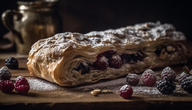 Foto gratuita strudel de bayas recién horneado en una mesa de madera rústica generado por ia