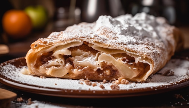 Strudel de manzana en capas Delicia recién horneada en interiores generada por IA