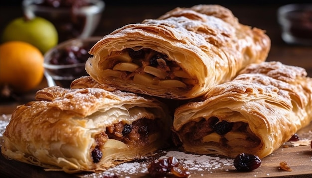 Foto gratuita strudel de manzana casero horneado a la perfección generado por ia