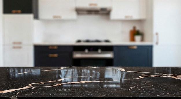 Stylish kitchen with black marble countertop