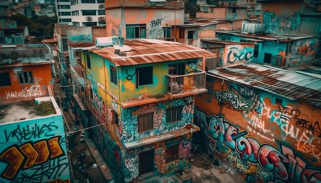 Sucio edificio de tugurios vida caótica de la ciudad al aire libre generado por IA