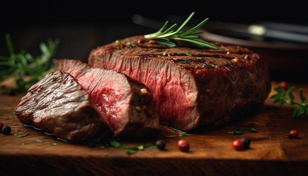 Foto gratuita sucoso filete a la parrilla cocinado raro sazonado con hierbas frescas generadas por inteligencia artificial